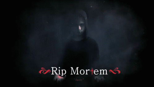 a blurred image of a man with the words rip mortem written in red