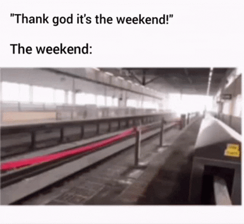 A Blurred Image Of A Train Station With The Words " Thank God It 'S The Weekend " At The Top GIF