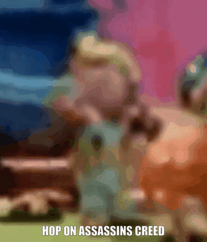 A Blurred Image With The Words Hop On Assassins Creed Written On It GIF