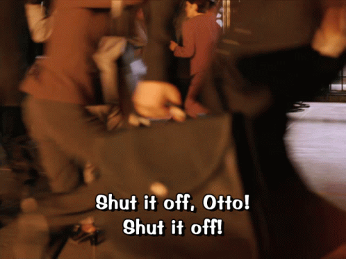 A Blurry Image Of People Walking With The Words Shut It Off Otto GIF
