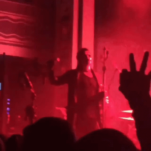 A Blurry Photo Of A Concert With Red Lights GIF