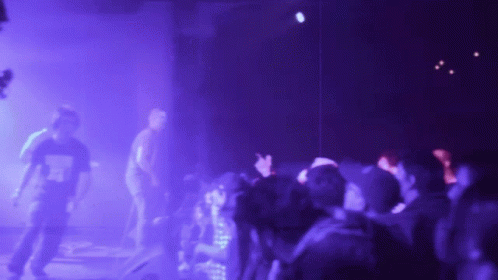 A Blurry Picture Of A Crowd At A Concert With Purple Lights Behind Them GIF