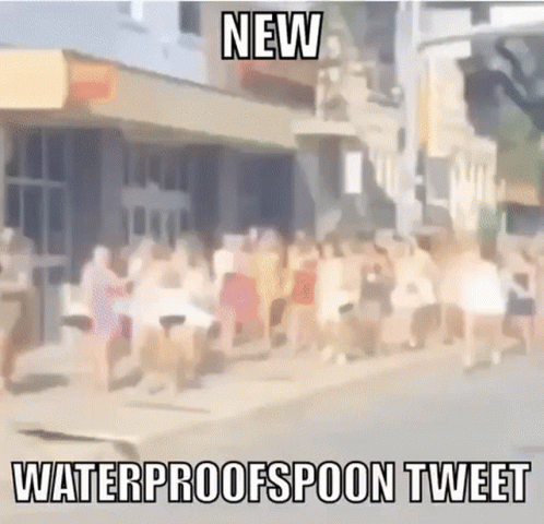 A Blurry Picture Of A Crowd Of People Walking Down A Street With The Caption " New Waterproofspoon Tweet " GIF