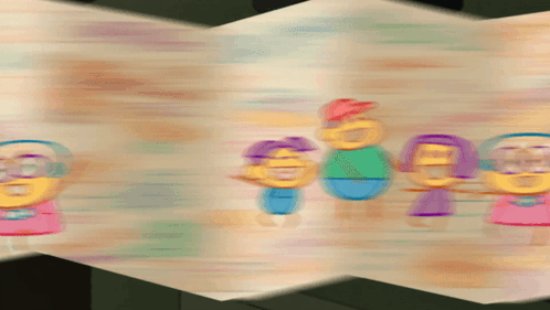 a blurry picture of a group of cartoon characters including a boy and girl