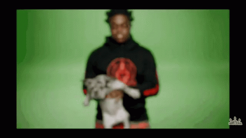 A Blurry Picture Of A Man Holding A Dog With A Green Screen Behind Him GIF