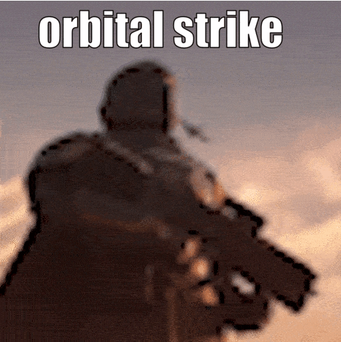 A Blurry Picture Of A Man Holding A Gun With The Words Orbital Strike Below Him GIF