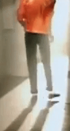 A Blurry Picture Of A Person Walking Down A Hallway With Their Shadow On The Floor . GIF
