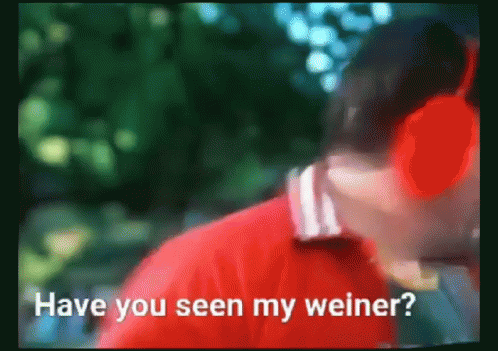 A Blurry Picture Of A Person Wearing Red Headphones With The Words Have You Seen My Weiner GIF