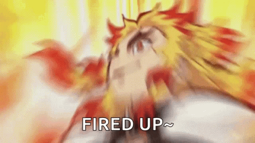 A Blurry Picture Of A Person With Fire Coming Out Of Their Mouth And The Words `` Fired Up '' Written On It . GIF