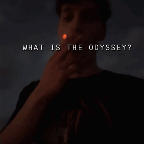 A Blurry Picture Of A Person With The Words " What Is The Odyssey " Below It GIF
