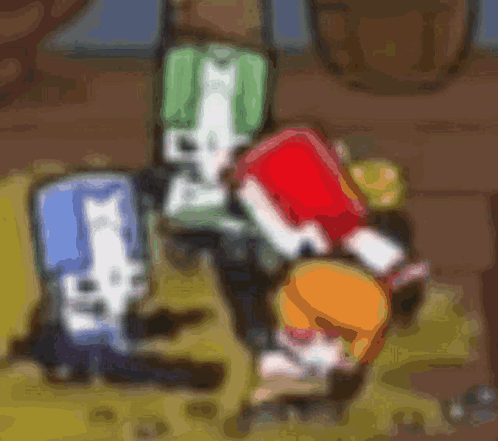 A Blurry Picture Of Three Cartoon Characters Standing Next To Each Other . GIF