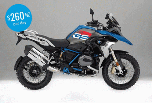 A Bmw Gs Motorcycle With A Price Tag Of $ 260 Nz Per Day GIF