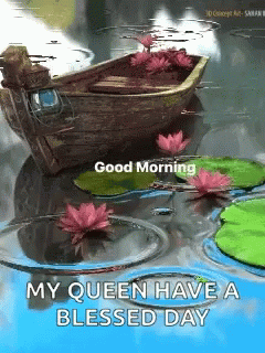 A Boat Is Floating On Top Of A Body Of Water With Lotus Flowers . GIF