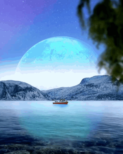 A Boat Is In The Middle Of A Lake With A Blue Moon In The Background GIF