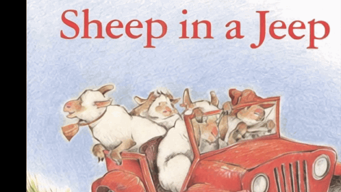 A Book Called Sheep In A Jeep Has A Picture Of Sheep Driving A Red Jeep GIF