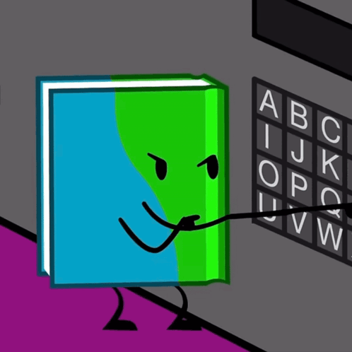 A Book With A Face And Arms Is Standing In Front Of A Board With The Letters Of The Alphabet On It GIF