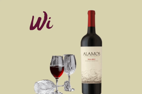 A Bottle Of Alamos Malbec Wine Next To Two Glasses Of Wine GIF