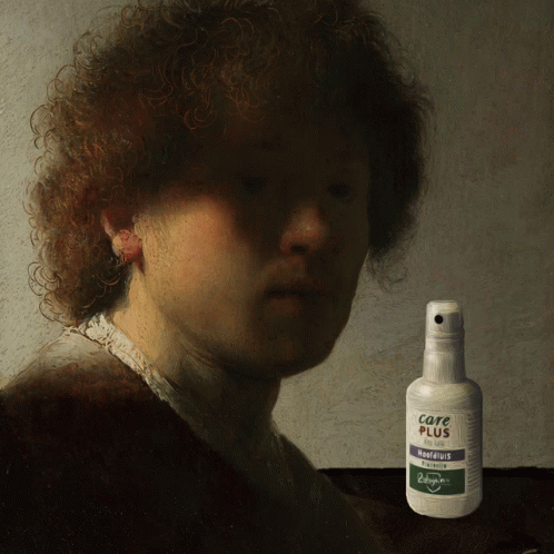 A Bottle Of Care Plus Is Next To A Painting Of A Man GIF