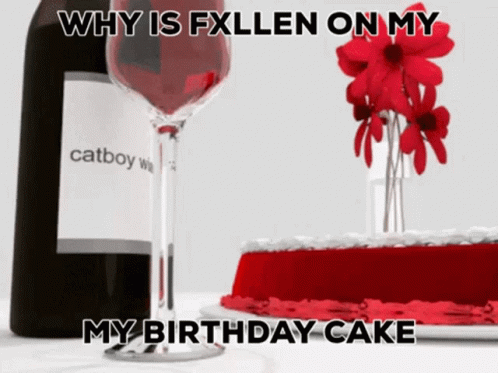 A Bottle Of Catboy Wine Is Next To A Glass Of Wine And A Birthday Cake GIF
