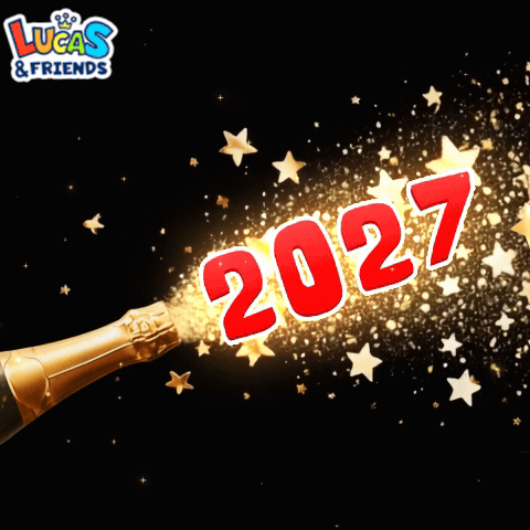 A Bottle Of Champagne Is Being Opened And The Year 2027 Is Being Displayed GIF