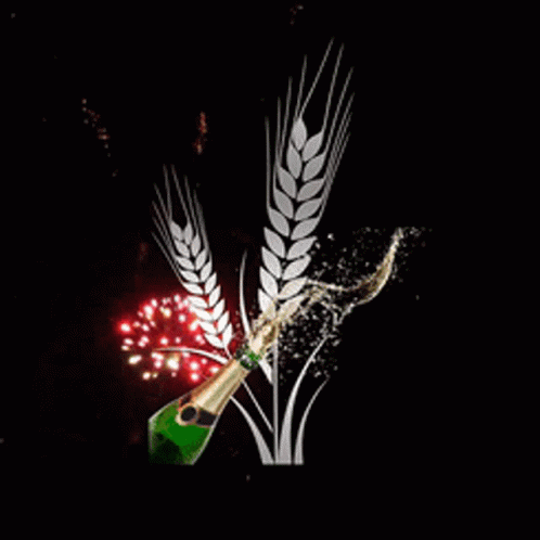 A Bottle Of Champagne Is Being Poured Into A Bottle Of Wheat With Fireworks In The Background GIF