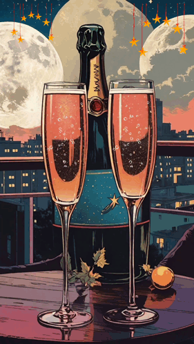 A Bottle Of Champagne Sits Next To Two Glasses GIF