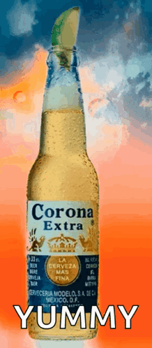 A Bottle Of Corona Extra Beer Says Yummy On The Bottom GIF