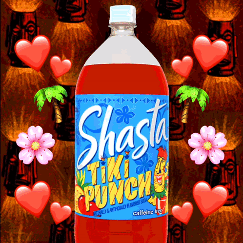 A Bottle Of Shasta Tiki Punch Is Surrounded By Tiki Statues GIF