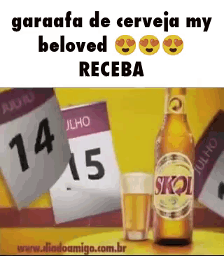 a bottle of skol beer and a glass of beer are sitting on a table .