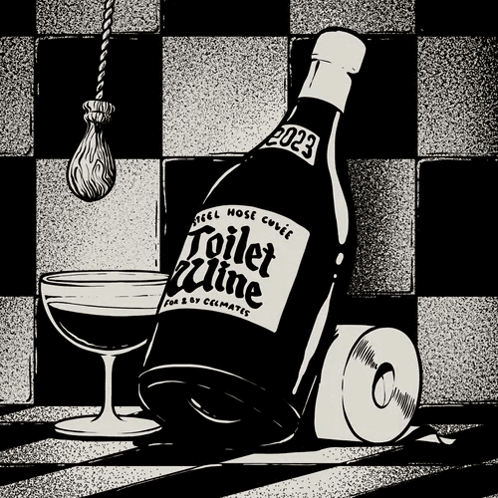 A Bottle Of Toilet Wine Sits Next To A Roll Of Toilet Paper And A Glass GIF