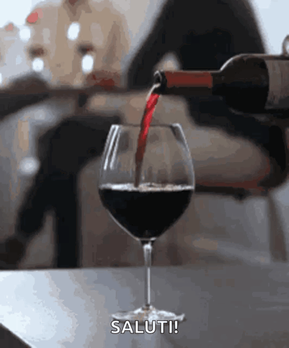 A Bottle Of Wine Is Being Poured Into A Glass With The Words Saluti Written Below It GIF