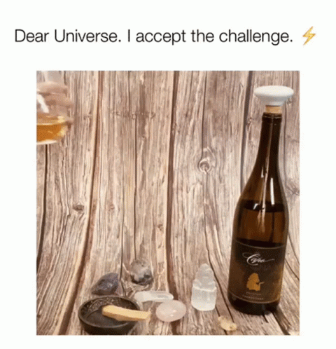 A Bottle Of Wine Sits On A Wooden Table With A Caption That Says Dear Universe I Accept The Challenge GIF