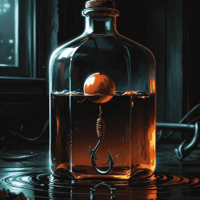 A Bottle With A Hook In It And The Words " Just One More Drink " Behind It GIF