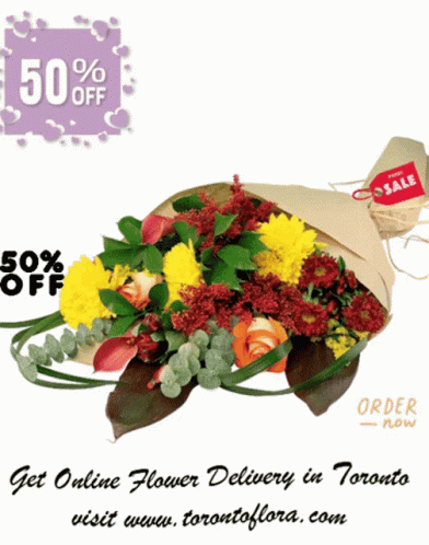A Bouquet Of Flowers With A 50 % Off Advertisement GIF
