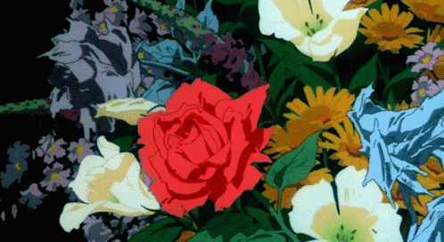A Bouquet Of Flowers With A Red Rose In The Center GIF