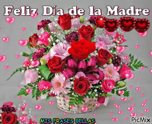 A Bouquet Of Flowers With The Words Feliz Dia De La Madre Written Above It GIF