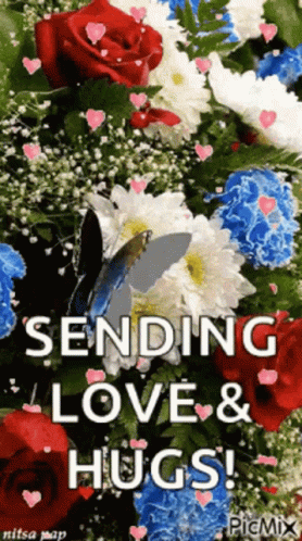 A Bouquet Of Flowers With The Words Sending Love And Hugs Written On It GIF