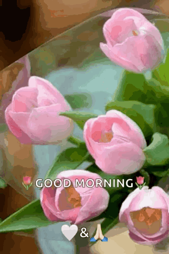 A Bouquet Of Pink Flowers With The Words Good Morning And A Heart GIF