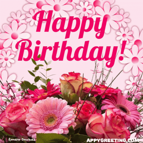 A Bouquet Of Pink Flowers With The Words Happy Birthday Written On It GIF