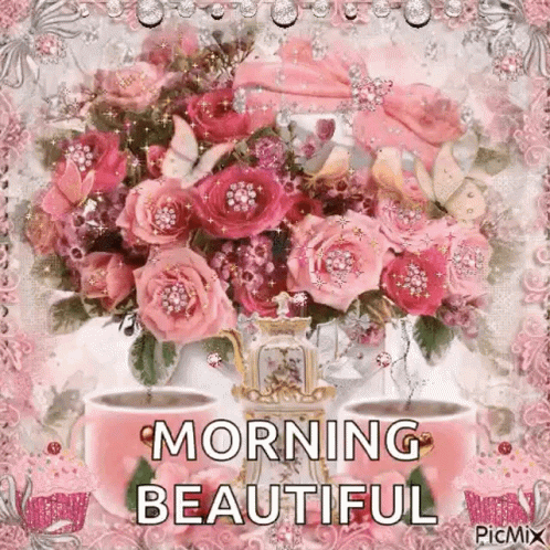 A Bouquet Of Pink Roses In A Vase With Two Cups Of Coffee . GIF