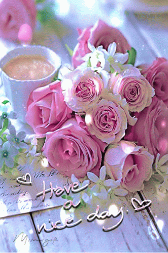 A Bouquet Of Pink Roses Sits Next To A Cup Of Coffee And A Card That Says Have A Nice Day GIF