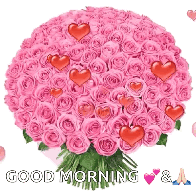 a bouquet of pink roses with red hearts and the words " good morning "