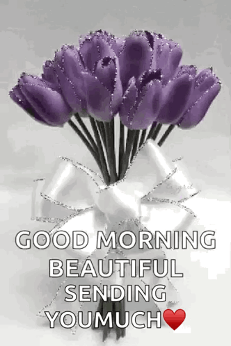 A Bouquet Of Purple Flowers In A White Vase With A Bow And The Words Good Morning Beautiful Sending You Much GIF