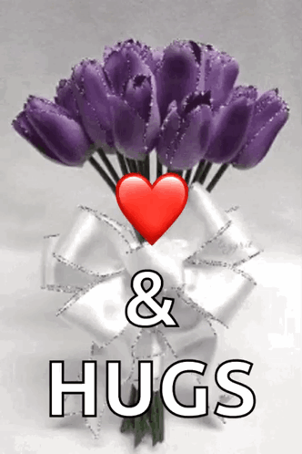 A Bouquet Of Purple Tulips With A Red Heart And The Words Hugs GIF