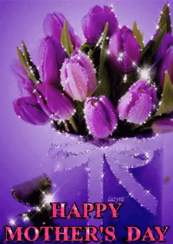 A Bouquet Of Purple Tulips With The Words Happy Mother 'S Day GIF