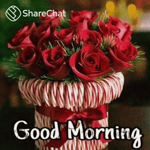 A Bouquet Of Red Roses In A Basket With The Words `` Good Morning '' Written Above It . GIF