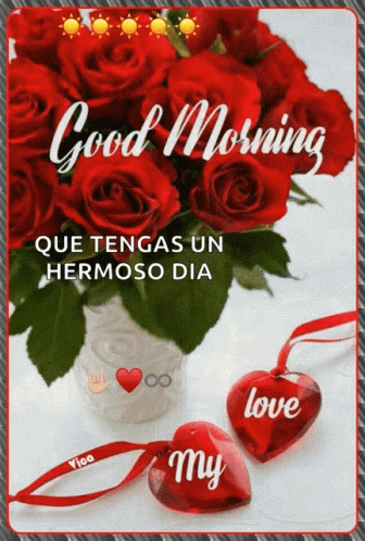 A Bouquet Of Red Roses In A Vase Next To Two Red Hearts That Say My Love GIF