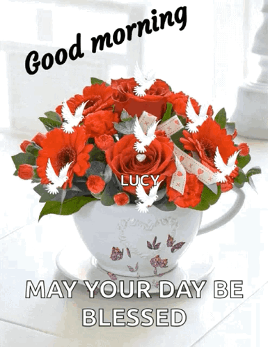 Red Roses In White Cup With Good Morning Message GIF