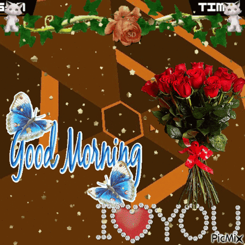 A Bouquet Of Red Roses Is Surrounded By Butterflies And The Words " Good Morning You " GIF