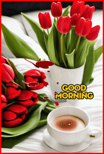 A Bouquet Of Red Tulips And A Cup Of Coffee With The Words Good Morning Written On It GIF